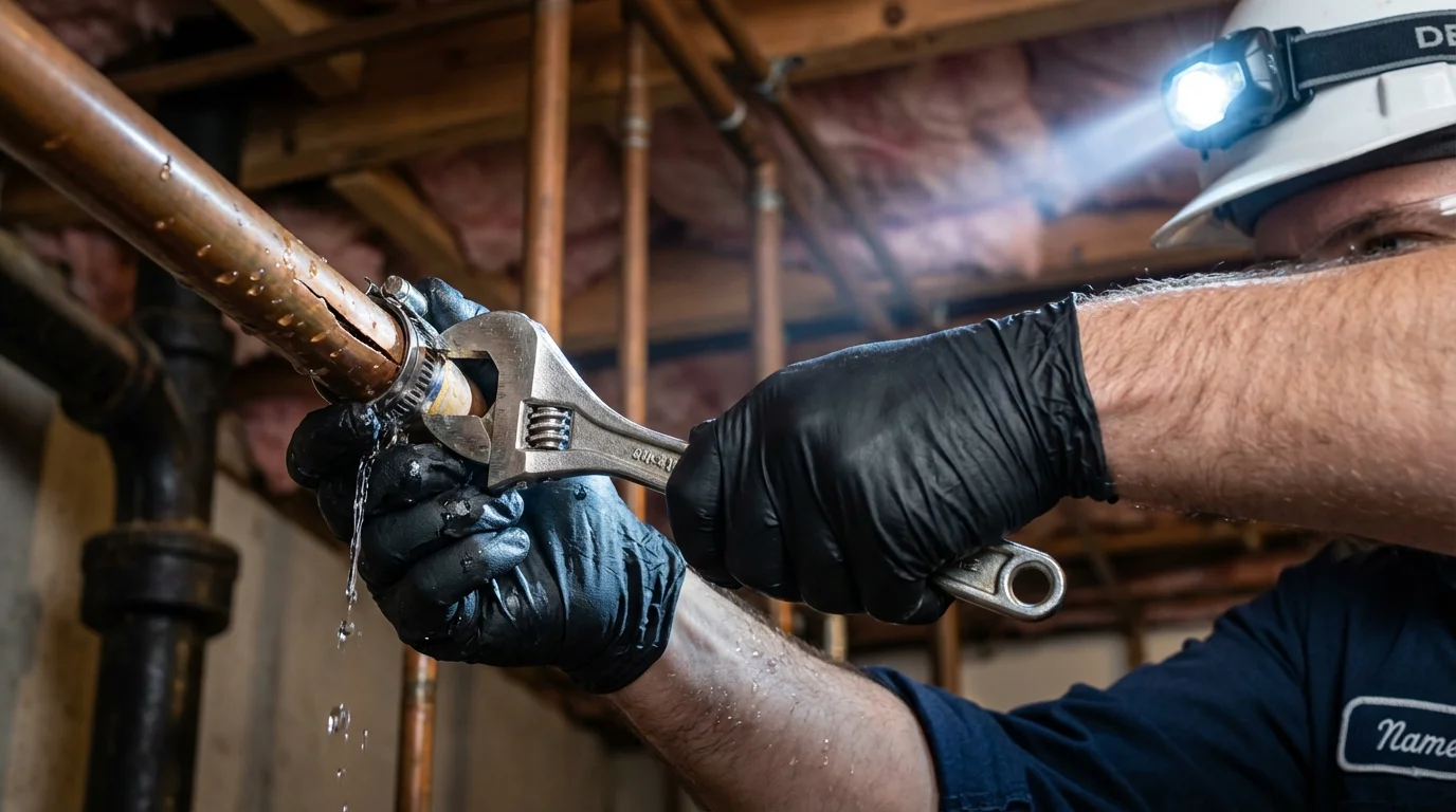 Emergency pipe clamp repair being performed by a Johns Plumbing LLC plumber in Cordova