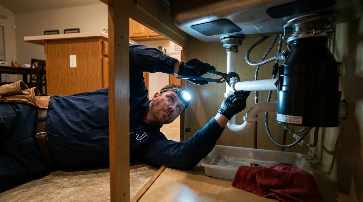 P-trap and supply line connections under a kitchen sink showing a common leak point in Cordova, NC